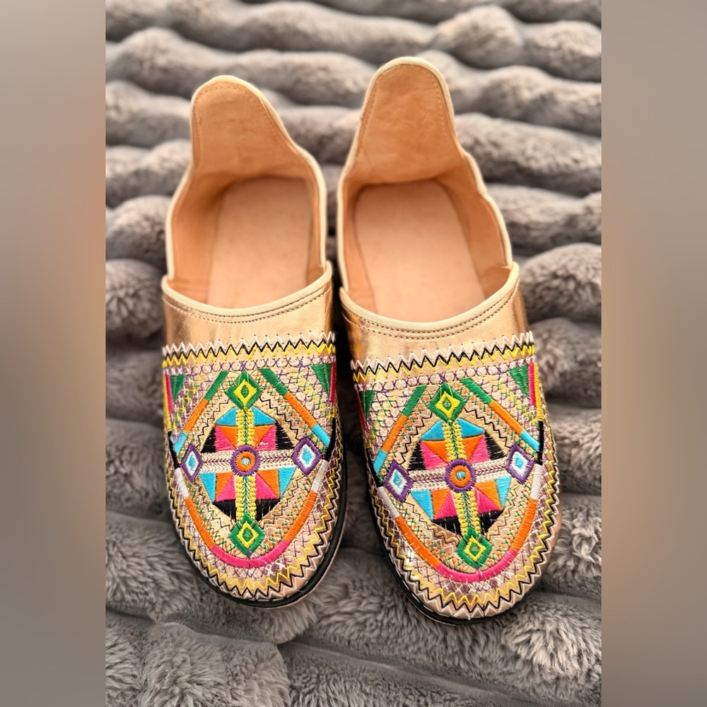 New Gold Moroccan Leather Amazigh Embroidered Babouche Slippers Us 9 Eu 40